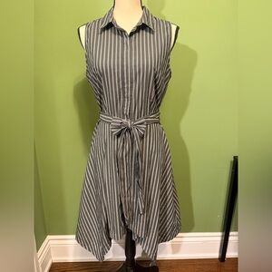 Who What Wear Women's Sleeveless Asymmetric Hem Dark Gray Striped Shirt Dress.